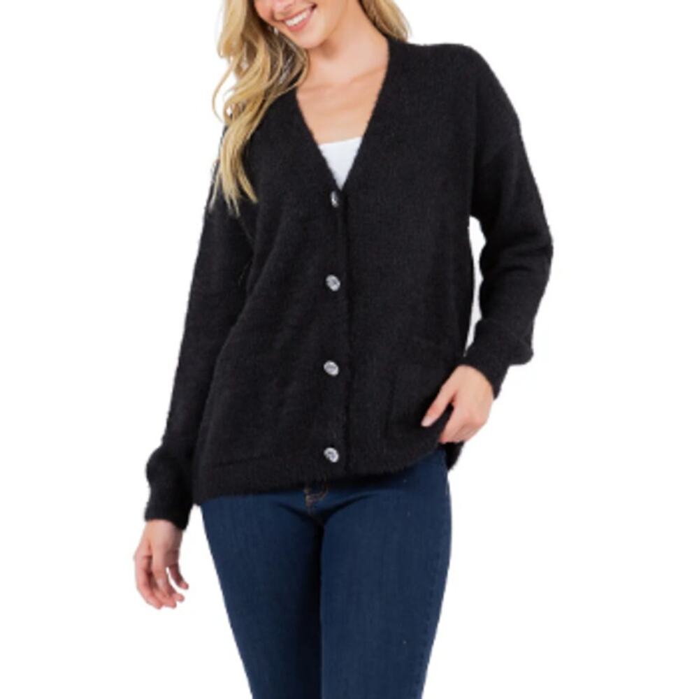 FEVER WOMENS SIZE LARGE FEATHER EASY FIT JEWEL BUTTON CARDIGAN BLACK NWT